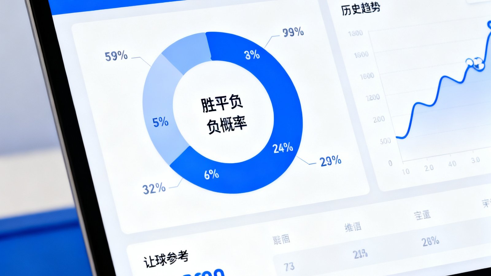 智能数据预测分析界面，屏幕显示胜平负概率的环形百分比图表，旁边有历史趋势曲线和让球参考数值，界面设计简洁专业